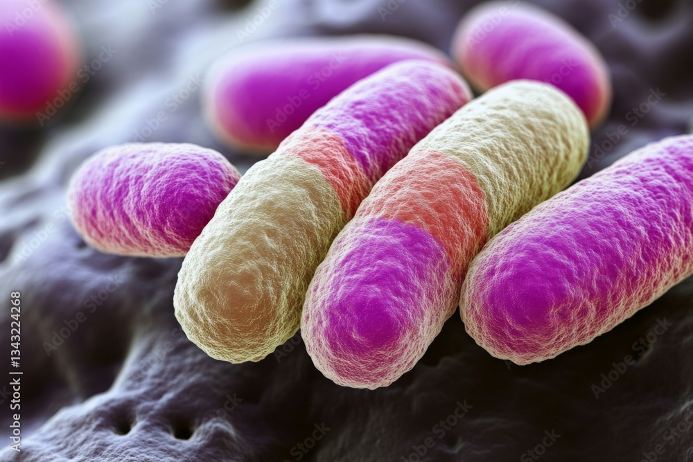 Poster Colorful close-up of bacteria showcasing various shapes and structures under a microscope