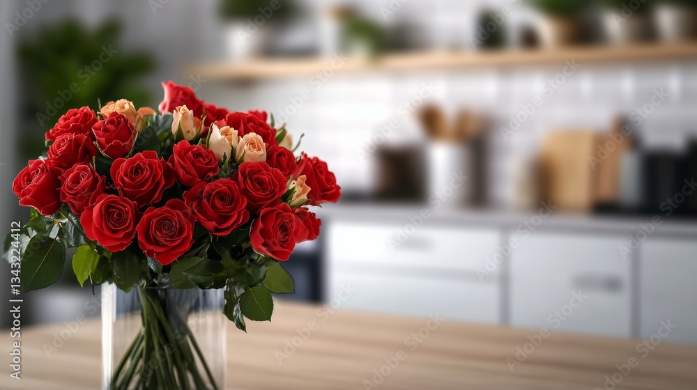 Poster vase of red roses sits on a wooden table. the roses are arranged in a way that they are all facing t