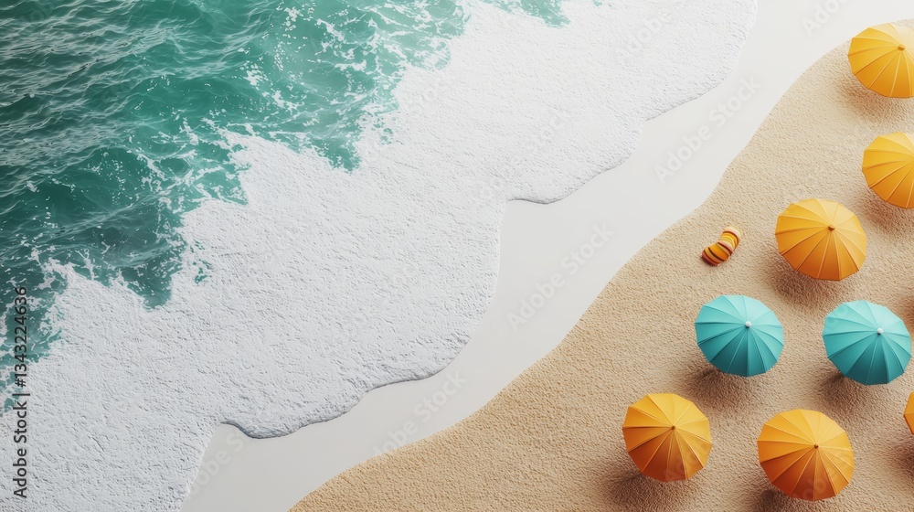Poster serene beach scene featuring colorful umbrellas and gentle waves lapping at the shore.
