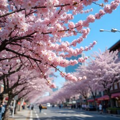 Cherry blossom trees blooming beautifully in the city center