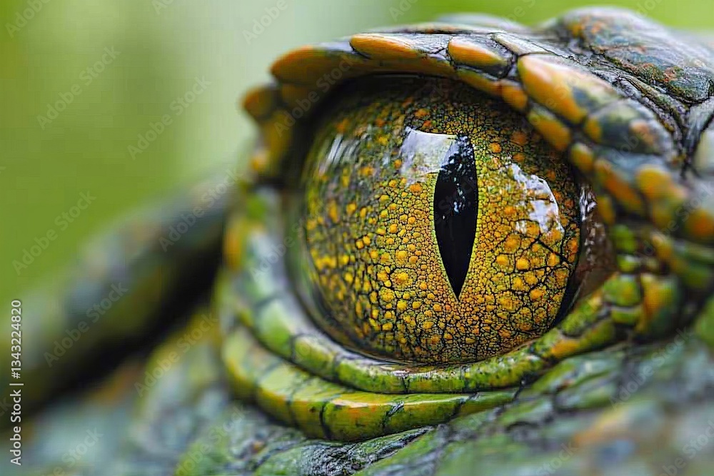 Poster close-up view of a reptile's eye showcasing intricate details and vibrant colors in a natural settin