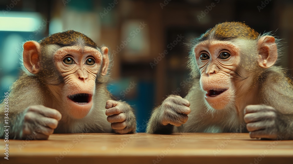 Poster two baby monkeys are sitting on a table and looking at the camera. they seem to be communicating wit