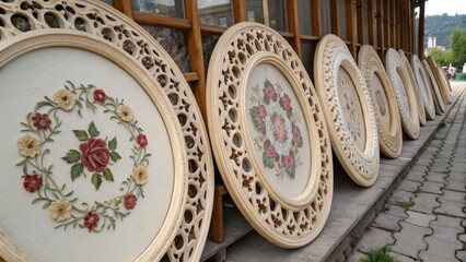 Fototapeta premium Intricately designed wooden wall plates with floral patterns displayed outside a building, showcasing craftsmanship and artistic detail.