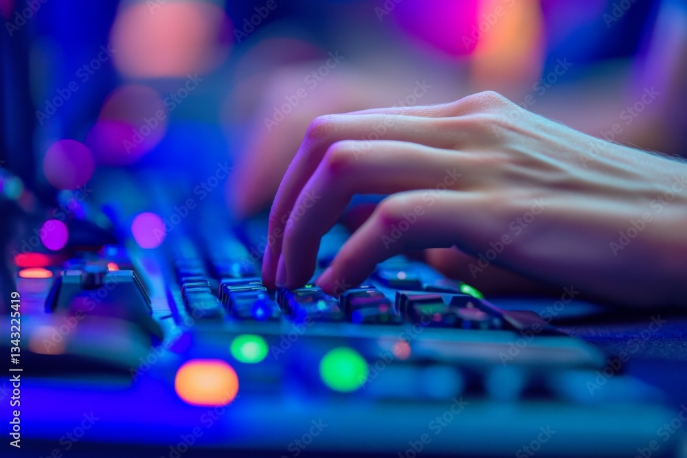 Poster close-up of hands typing on a colorful keyboard during an indoor gaming session at night