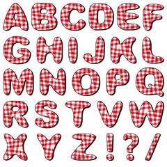 Vector images of English alphabet letters with a checkered pattern of red and white cells isolated on a transparent background