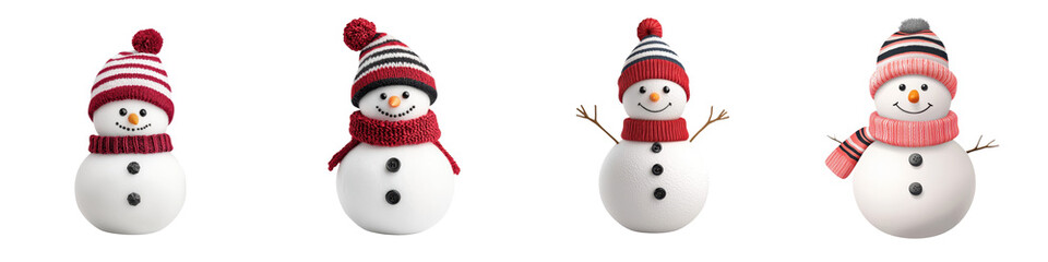 A collection of four adorable snowman in a variety of cheerful holiday outfits including hats scarves and accessories