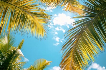 Fototapeta premium Palm tree leaves sway under bright blue sky in tropical paradise