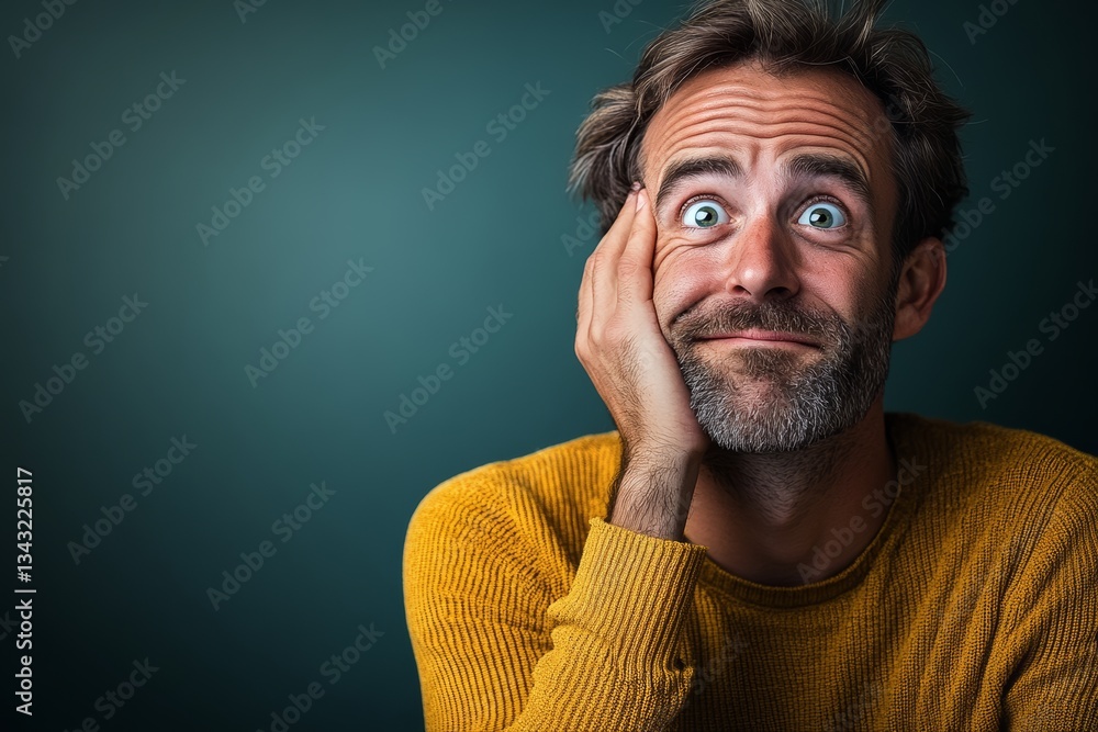 Aufkleber man with a beard and a yellow shirt is looking at the camera with a puzzled expression. he is restin