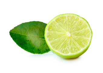 Front view of fresh green lemon half in circle shape with green leaf isolated on white background...