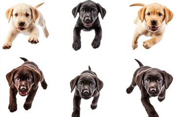 Puppies of different colors playfully running towards the camera in an indoor setting during daylight hours