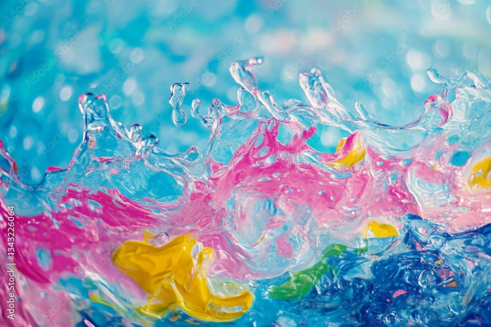 Poster colorful water splash creates vibrant patterns in blue and pink hues with floating objects