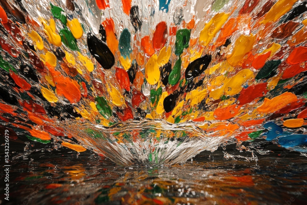 Poster colorful splashes of water create an artistic explosion against a dark background