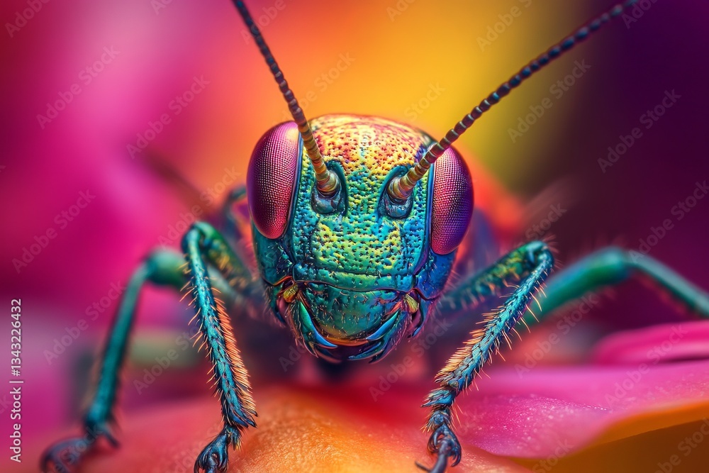 Poster close-up view of a vibrant insect on a colorful flower in a natural environment