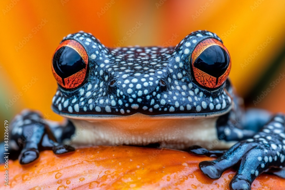 Poster colorful frog resting on a vibrant orange surface surrounded by tropical foliage in a rainforest set