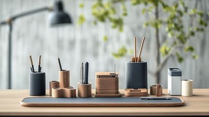 Modern wooden and dark gray desk organizer