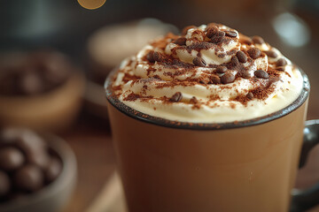 Coffee and cappuccino lattes in a glass with cream and chocolate served in a cafe setting