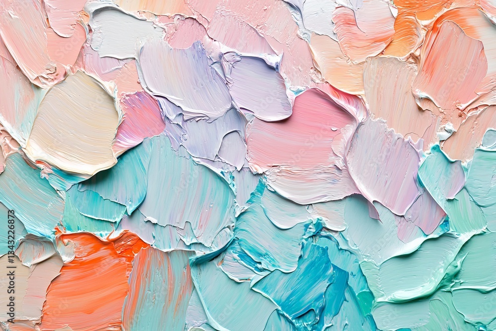 Poster colorful textured painting with layered brush strokes in soft pastel shades displayed on canvas