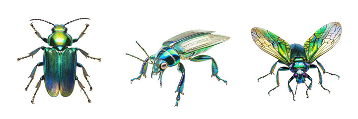 A Set of Dazzling Jewel Beetle with Metallic Green and Blue Exoskeleton, Detailed Legs, and Reflective Wings Isolated on Transparent Background