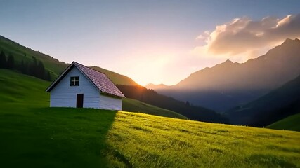 Sunrise over a serene mountain cottage, peaceful retreat in nature, ideal for summer escape or romantic getaway