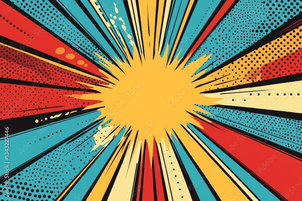 Poster vibrant comic book burst illustration with dynamic colors and energetic lines in a playful and livel