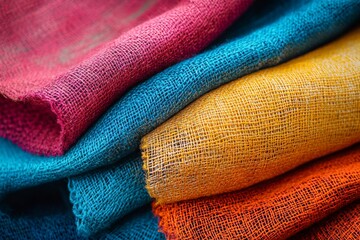 Vibrant rolls of textured fabric arranged in a colorful display at a local market in the afternoon light
