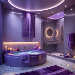 Step into a world of modern luxury with this hyper-realistic 3D-rendered bathroom. This sophisticated and high-end space features a circular bathtub in a rich, elegant hue