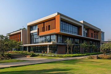 Modern architecture building with expansive glass windows and green landscape