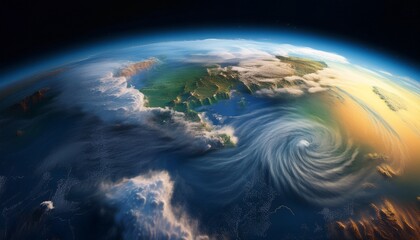 Fototapeta premium A detailed 3D satellite view of Earth’s weather systems showing cloud formations and storms. Semi-realistic scene emphasizing global atmospheric patterns, scale, and dynamic cloud movement. 