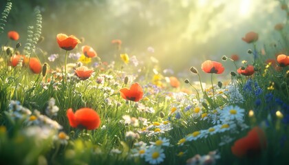 Fototapeta premium Vibrant Wildflower Meadow Blooming with Red Poppies and Daisies in Sunlight