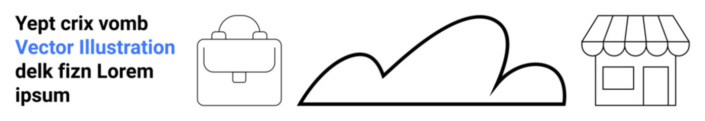 Backpack, abstract cloud, and small storefront outlined in black. Simple, versatile design. Ideal for education, travel, shopping, business outdoor activities commerce simple landing page