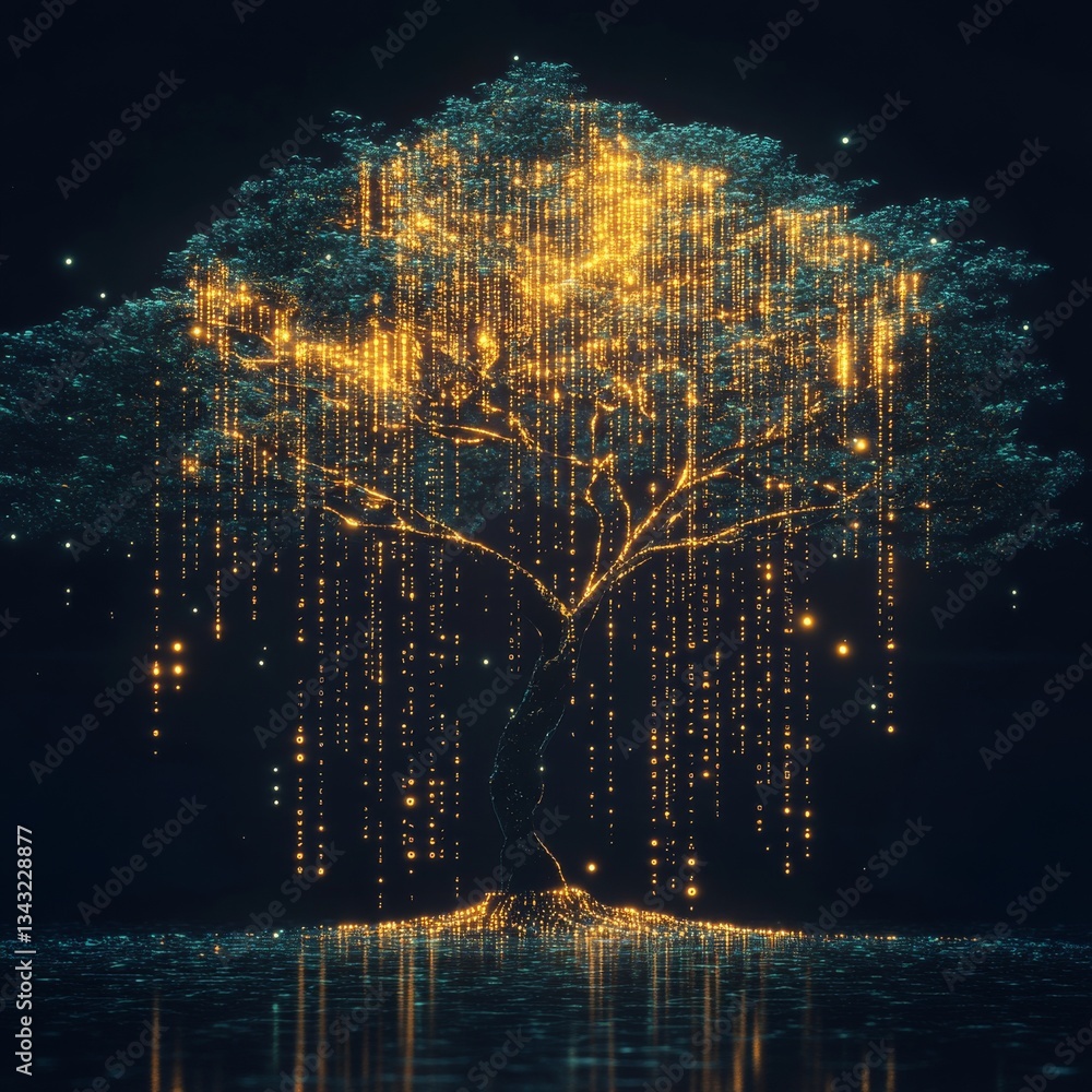 Poster digital tree of knowledge: illuminated data streams converging, reflecting on the surface
