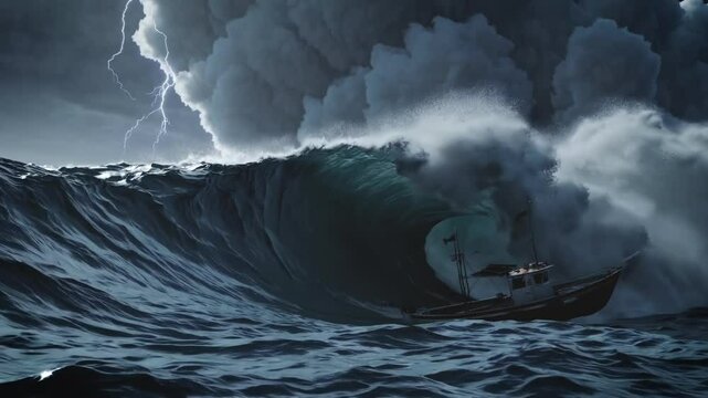 A fishing boat struggles against a monstrous wave as lightning cracks through a stormy sky. The scene captures the sheer power of the ocean in a life-threatening storm