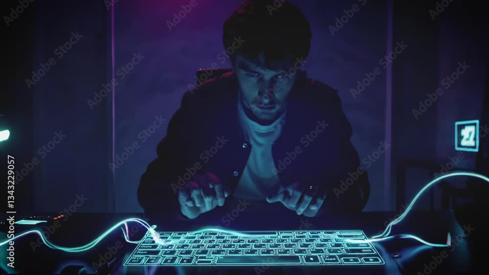 Poster a hacker types on a futuristic glowing keyboard, with digital energy waves surging from the keys. th