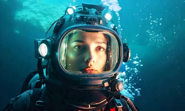 A woman wearing a deep-sea diving helmet with built-in lights is underwater, with air bubbles rising around her in the blue ocean.