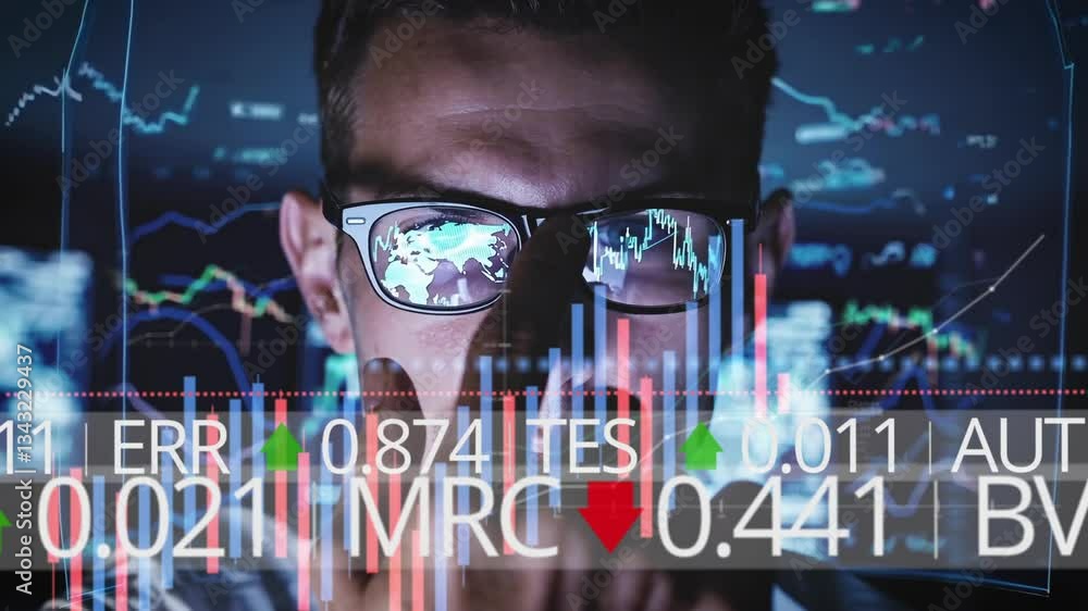 Poster a financial analyst adjusts glasses while analyzing stock market data. the reflections of world maps