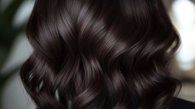Close-up of shiny, wavy dark brown hair.