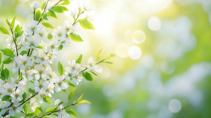 Delicate Willow Branches with Fresh Green Leaves, Soft Sunlight, Blurred Spring Blossoms, Serene Natural Scene