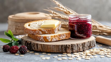 Fresh bread with butter and jam on a wooden board, surrounded by natural ingredients.
