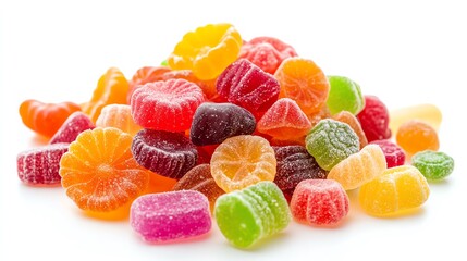 Pile of assorted jelly candies isolated on white background