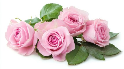 Fototapeta premium Pink roses with green leaves in watercolor style, symbolizing natural beauty and delicate elegance.