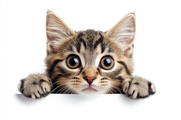 Obraz premium Playful kitten peeking over a ledge with big, curious eyes and furry paws in a bright setting