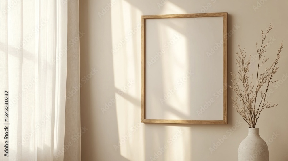 Poster Sunlight streams through sheer curtains, creating gentle shadows on the wall. A wooden frame stands empty beside a graceful vase holding dried flowers, embodying minimalist beauty and tranquility