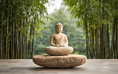 Peaceful Buddha statue amidst bamboo forest
