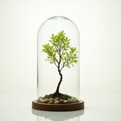 Tree in glass dome, sustainability symbol, isolated, white background environmental concept, stock photo
