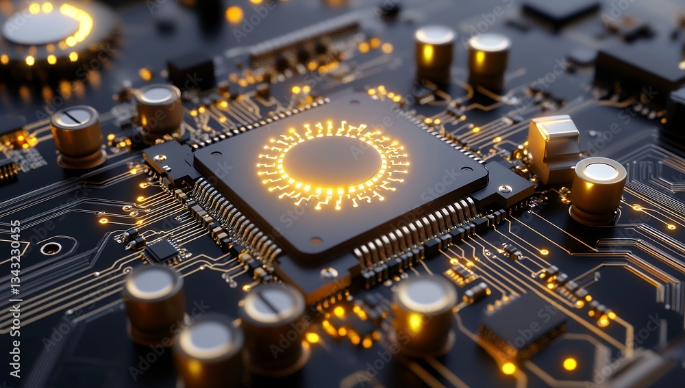 Poster close-up of a glowing circuit board with a central processor featuring a circular, illuminated desig