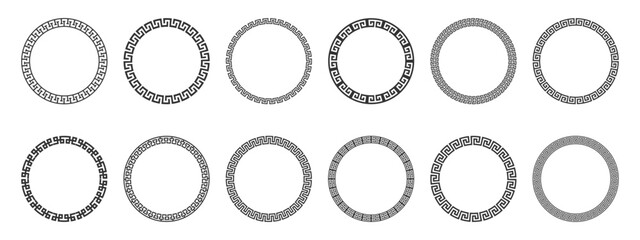 Collection of round greek key decorative vintage border frames. Circle frame with simple meander pattern. Decorative border, made of continuous lines, shaped into a seamless motif. 

