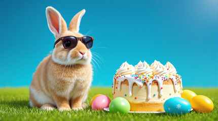 A funny bunny in stylish sunglasses happily poses next to a ruddy Easter cake and colorful eggs on a green lawn on a sunny day