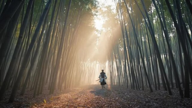 Golden sunlight pierces through a dense bamboo forest as a lone samurai walks forward, clad in traditional armor, evoking a sense of solitude and purpose in an ethereal morning atmosphere.
