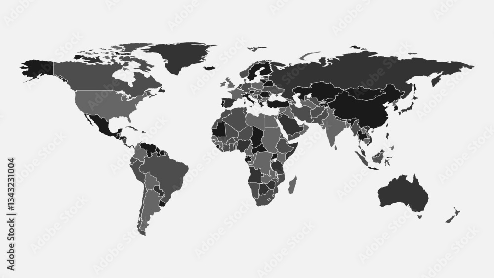 Poster world map vector with grey and black isolated on white background. modern grey vector world map. sil