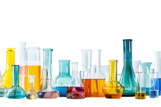 Colorful glass laboratory beakers and flasks filled with various vibrant liquids on a white background in a scientific setting